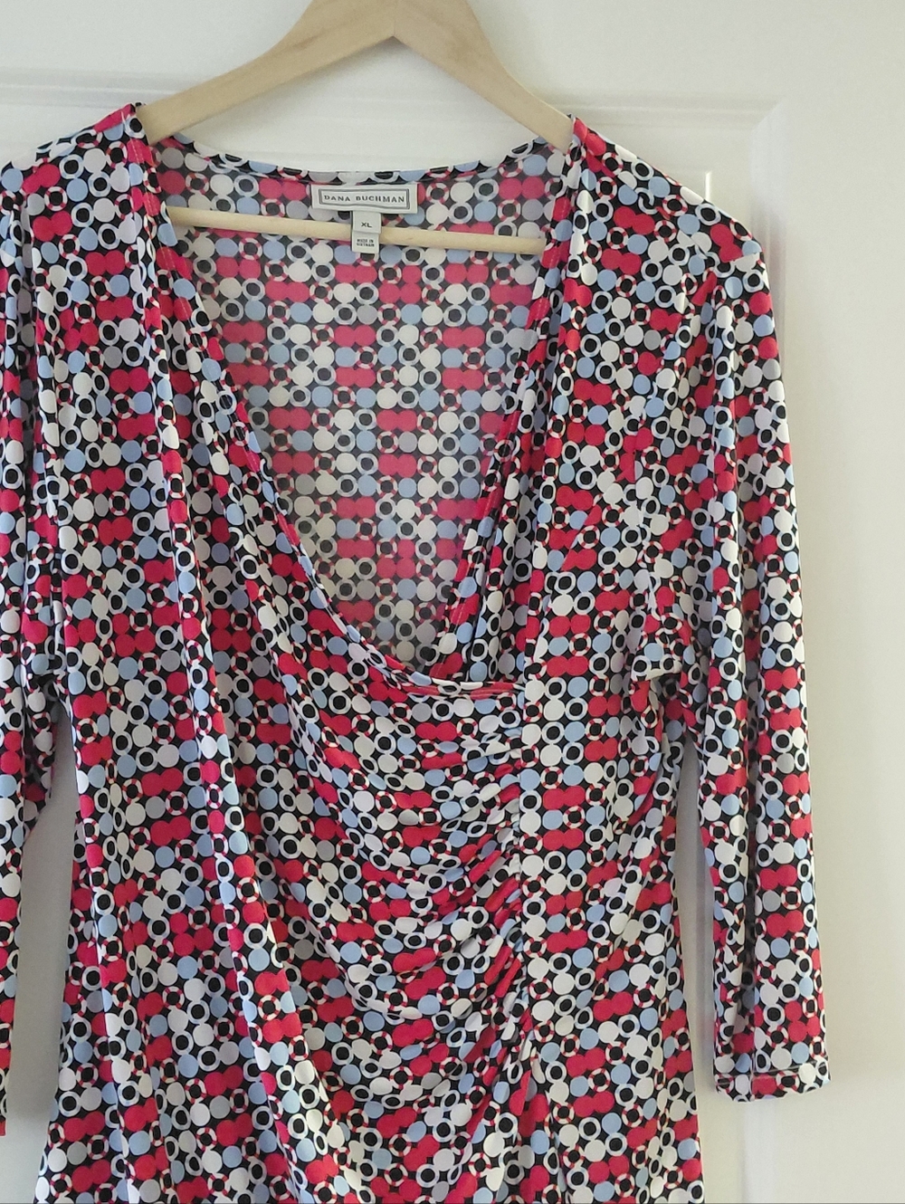 Dana Buchman Pink, Black & White Geometric Ruched Wrap Dress